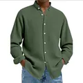 Close-up detail of olive green waffle knit long sleeve shirt for men in casual style - Army Green