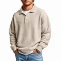 Herren American Retro Beige Waffelstrick Langarm-Poloshirt mit lockerer Passform Design - Gebrochenes Weiß