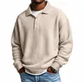 Men's American retro beige waffle knit long-sleeve polo shirt with relaxed fit design - Off White