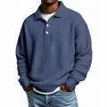 Close-up detail of blue waffle-knit texture on a men's vintage-style loose-fit polo shirt - Navy Blue
