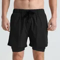 Men's black double-layer sports shorts with quick-dry inner lining and elastic drawstring - S / Bottoms / Black