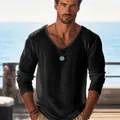 Detailed texture of men's black V-neck thin breathable casual long-sleeved T-shirt - S / Tops / Black
