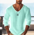 Detailed view of men's mint green V-neck long sleeve breathable casual t-shirt - S / Tops / Emerald Green