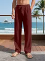 Macro detail of men's maroon linen trousers featuring a comfortable drawstring waist. - Burgundy