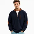 Detail view of navy ribbed quarter-zip sweater with contrast brown collar and elbow patches - S / Tops / Navy Blue