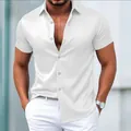Detailed view of a men's shiny white short sleeve button-down shirt with a sleek satin finish - S / Tops / White
