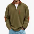 Close-up detail of men's heavy corduroy quarter-zip pullover with contrast elbow patches - Brown