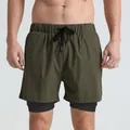 Men's 2-in-1 quick-dry athletic training shorts in olive green with elastic waist - Army Green