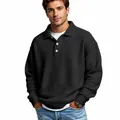 Herren Langarm-Poloshirt aus Waffelstrick in Schwarz, amerikanischer Vintage-Stil - Schwarz