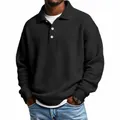 Men's black waffle knit long sleeve polo shirt in American vintage loose fit - Black