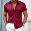 Close-up detail of men's burgundy shiny short sleeve shirt with slim fit stylish design - S / Tops / Burgundy