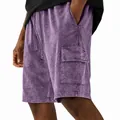 Close-up detail of purple acid wash men's cargo shorts featuring a functional side pocket - Purple