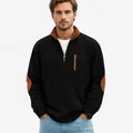 Detail view of men's black corduroy half-zip sweatshirt with brown elbow patches - S / Tops / Black