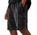 Close-up of men's vintage acid wash cargo shorts featuring a functional side pocket - S / Bottoms / Black