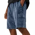Close-up of vintage acid-wash blue cargo shorts with drawstring waist and pockets - 3XL / Bottoms / Navy Blue