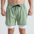 Men's quick-dry double-layer sports shorts in sage green with white inner liner stretch fabric - Fruit Green