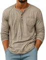 Detail view of men's khaki Henley long-sleeve T-shirt with chest pocket - Khaki