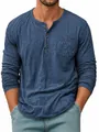 Professional detail shot of a blue men's long-sleeve Henley shirt featuring a front chest pocket. - S / Tops / Navy Blue