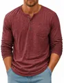 Close-up view of the red long sleeve Henley shirt with slub texture and pocket - Burgundy