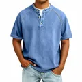 Maglia Henley uomo retrò in cotone lavato azzurro con maniche raglan e bottoni scollatura - Taglia S / Top / Blu