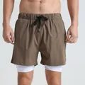 Men's double-layer brown athletic shorts with white inner compression lining - Dark Khaki