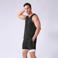 Black men's breathable sleeveless sports tank top and double-layer shorts two-piece set - S / Top And Bottom / Black