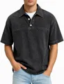 Détail d'un polo rétro gris délavé pour homme à manches courtes et col à revers - S / Hauts / Noir