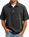 Detail of a men's retro washed gray short-sleeved polo shirt with lapel collar - S / Tops / Black