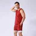 Men's breathable red mesh sleeveless tank top and double-layer sports shorts set - S / Top And Bottom / Burgundy