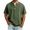 Detailed view of men's vintage olive green washed cotton Henley short sleeve shirt - Army Green