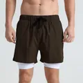 Men's dark brown double-layer athletic fitness shorts with white compression liner - Coffee