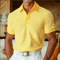 Premium men's yellow waffle knit polo shirt with stylish button collar for summer - S / Tops / Yellow
