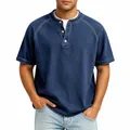 Men's vintage washed cotton Henley shirt with buttoned collar and short sleeves - Dark Blue