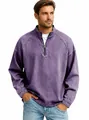 Detail view of men's retro purple washed cotton quarter-zip long sleeve Henley shirt. - Purple