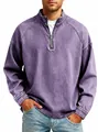 Detail view of men's retro purple washed cotton quarter-zip long sleeve Henley shirt. - Purple