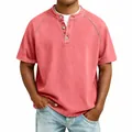 Detailed view of vintage washed cotton henley t-shirt with classic button collar - Pink