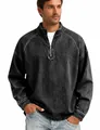 Vista detallada de la camiseta henley vintage para hombre en algodón lavado con cremallera - S / Tops / Negro