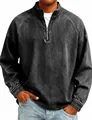 Detailed view of men's vintage washed cotton henley top with silver zipper and stitching - S / Tops / Black