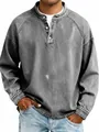 Detail of men's retro distressed grey washed cotton Henley long-sleeve shirt - S / Tops / Gray