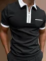Men's slim fit black polo shirt with white contrast collar and functional zipper detail - S / Tops / Black