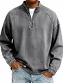 Close-up of the quarter-zip collar and washed cotton texture of the grey henley top - S / Tops / Gray