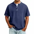 Detail of vintage washed cotton Henley shirt with buttoned collar and raglan sleeves. - Sapphire Blue