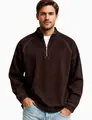Close-up detail of vintage brown half-zip sweatshirt for men with washed-out texture. - Coffee