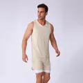 Breathable men's mesh tank top and double-layer shorts 2-piece athletic set in beige - Khaki