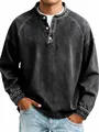 Close-up of a men's vintage washed cotton Henley long sleeve shirt in grey denim style - S / Tops / Black