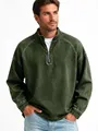 Detailed view of men's vintage washed green heavy cotton half-zip pullover top - Army Green