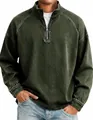 Detailed view of men's vintage washed green heavy cotton half-zip pullover top - Army Green