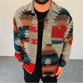 Close-up showing the intricate colorful Aztec geometric pattern on this men's casual shirt - S / Tops / Colorful