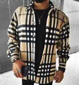 Detail view of men's casual long-sleeved plaid shirt in beige and black check pattern - S / Tops / Beige and Black Plaid