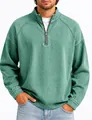 Detail of men's vintage washed green cotton top with half-zip henley collar - Green